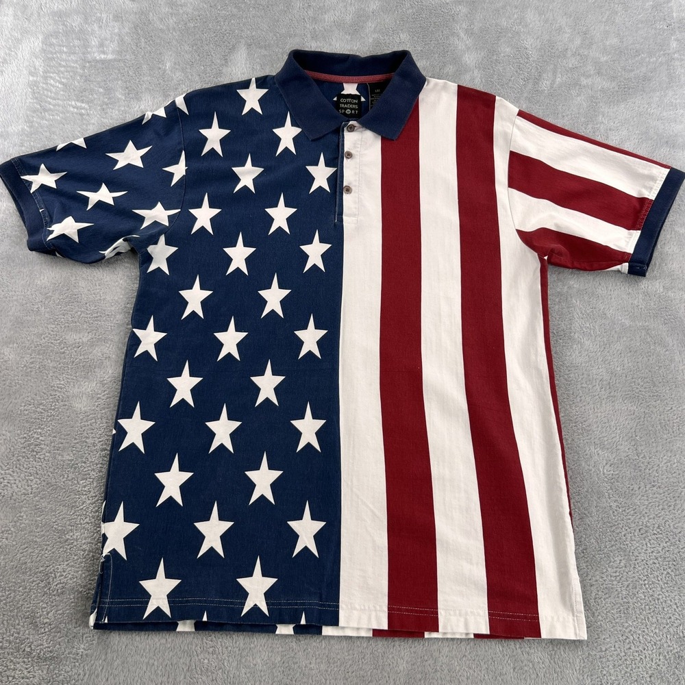 Cotton Traders American Flag Polo Shirt L Red White Blue Men Patriotic Stars